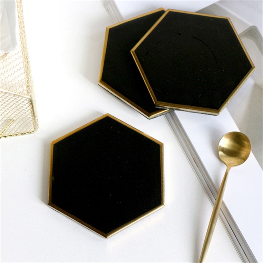 Nordic Style Hexagon Gold-plated Ceramic Placemat Heat Insulation Cup Coaster Table Mats Pads - Black-2