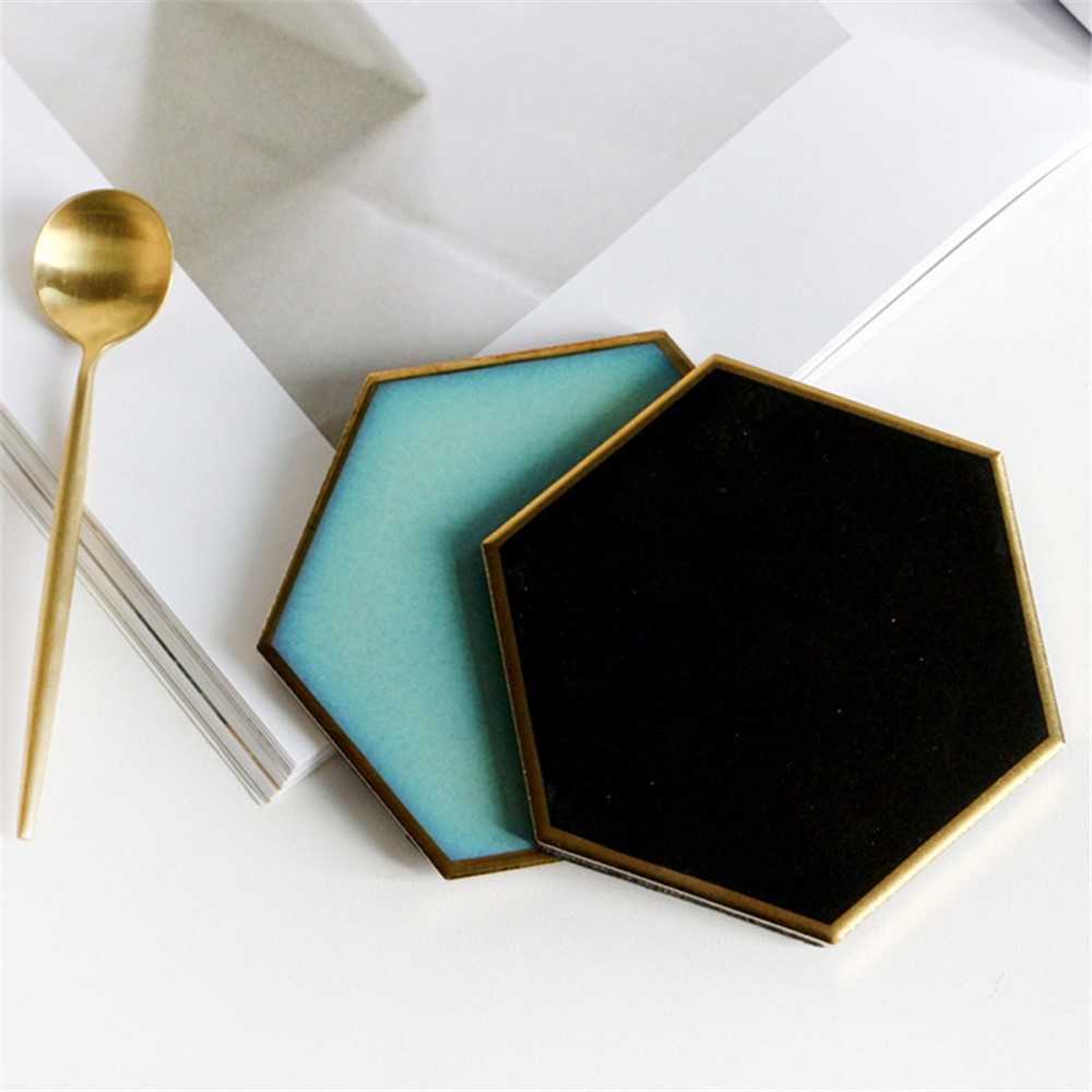 Nordic Style Hexagon Gold-plated Ceramic Placemat Heat Insulation Cup Coaster Table Mats Pads - Black-3
