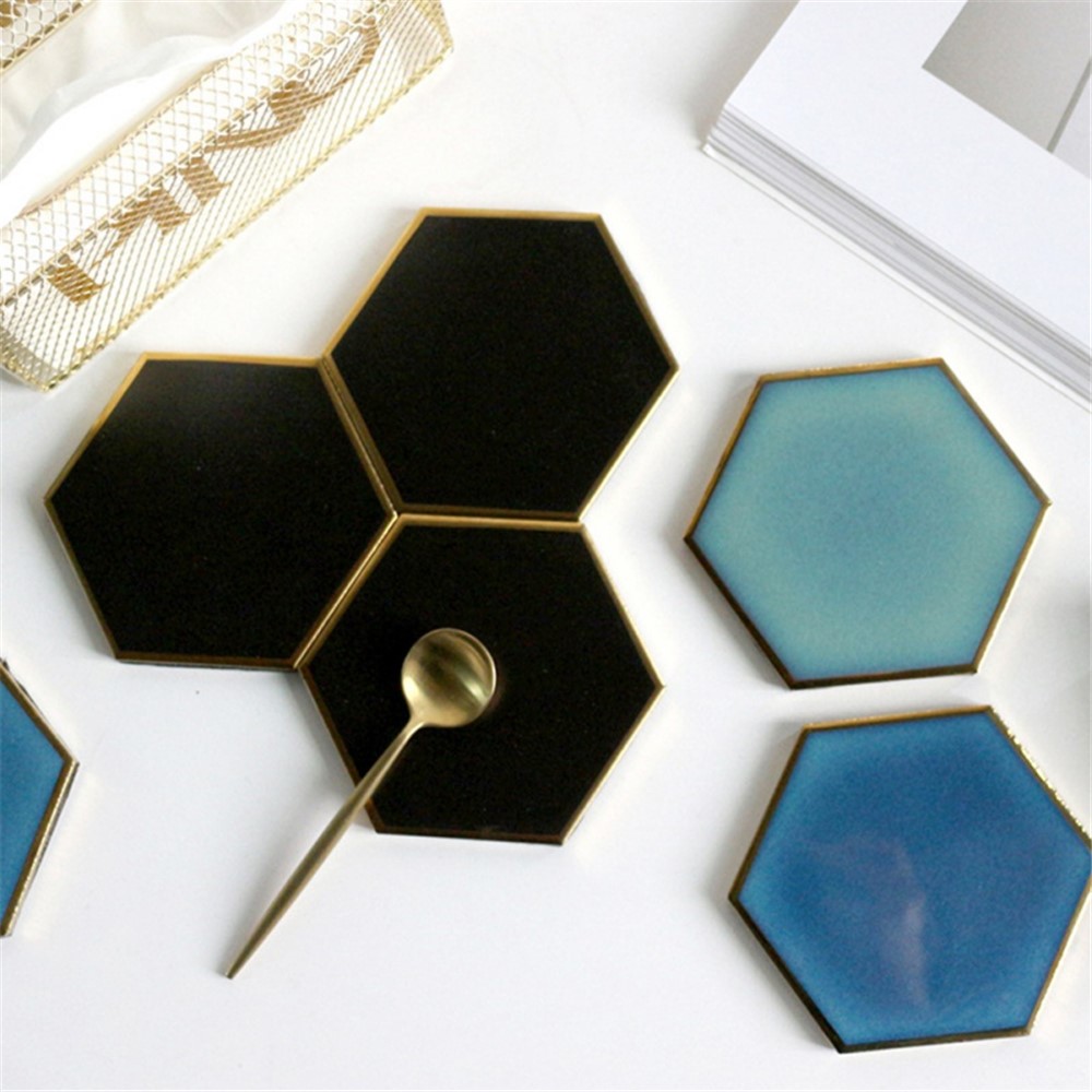Nordic Style Hexagon Gold-plated Ceramic Placemat Heat Insulation Cup Coaster Table Mats Pads - Black-5