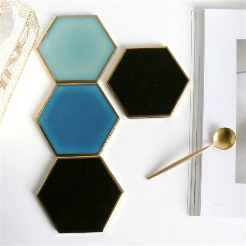 Nordic Style Hexagon Gold-plated Ceramic Placemat Heat Insulation Cup Coaster Table Mats Pads - Black-6