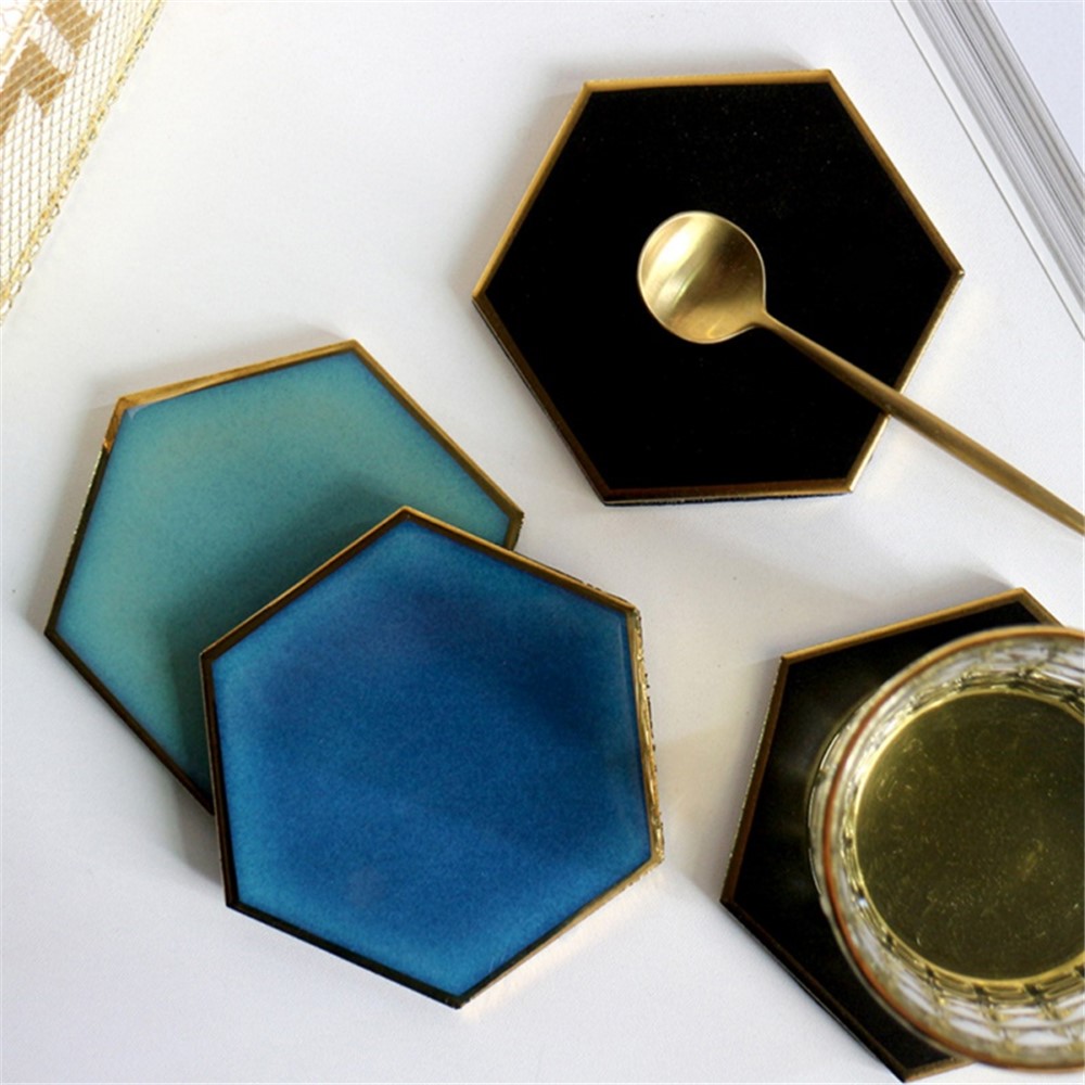 Nordic Style Hexagon Gold-plated Ceramic Placemat Heat Insulation Cup Coaster Table Mats Pads - Black-7