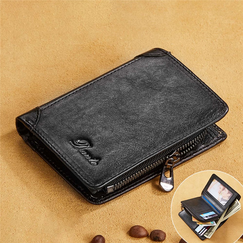 DANTE 05510 RFID Blocking Retro Top Layer Cowhide Men Short Wallet Coin Card Holder with Zipper Pocket - Black-2