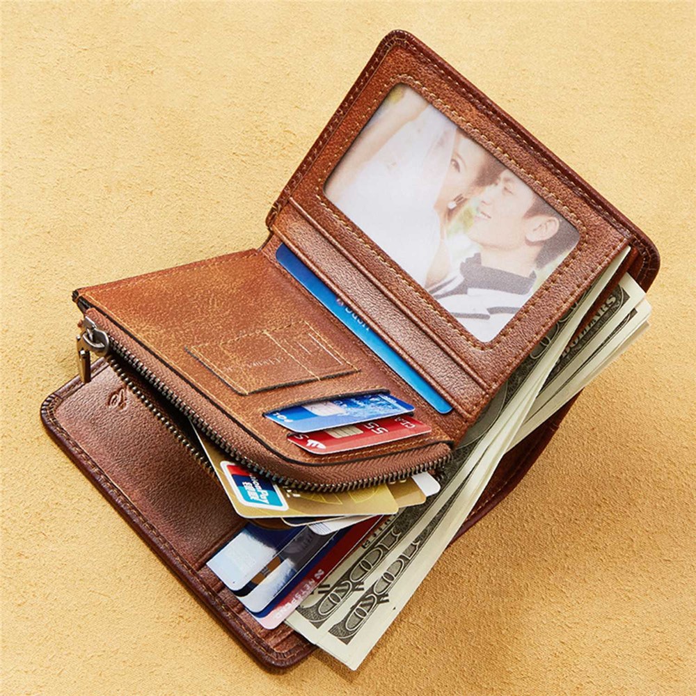 DANTE 05510 RFID Blocking Retro Top Layer Cowhide Men Short Wallet Coin Card Holder with Zipper Pocket - Black-3