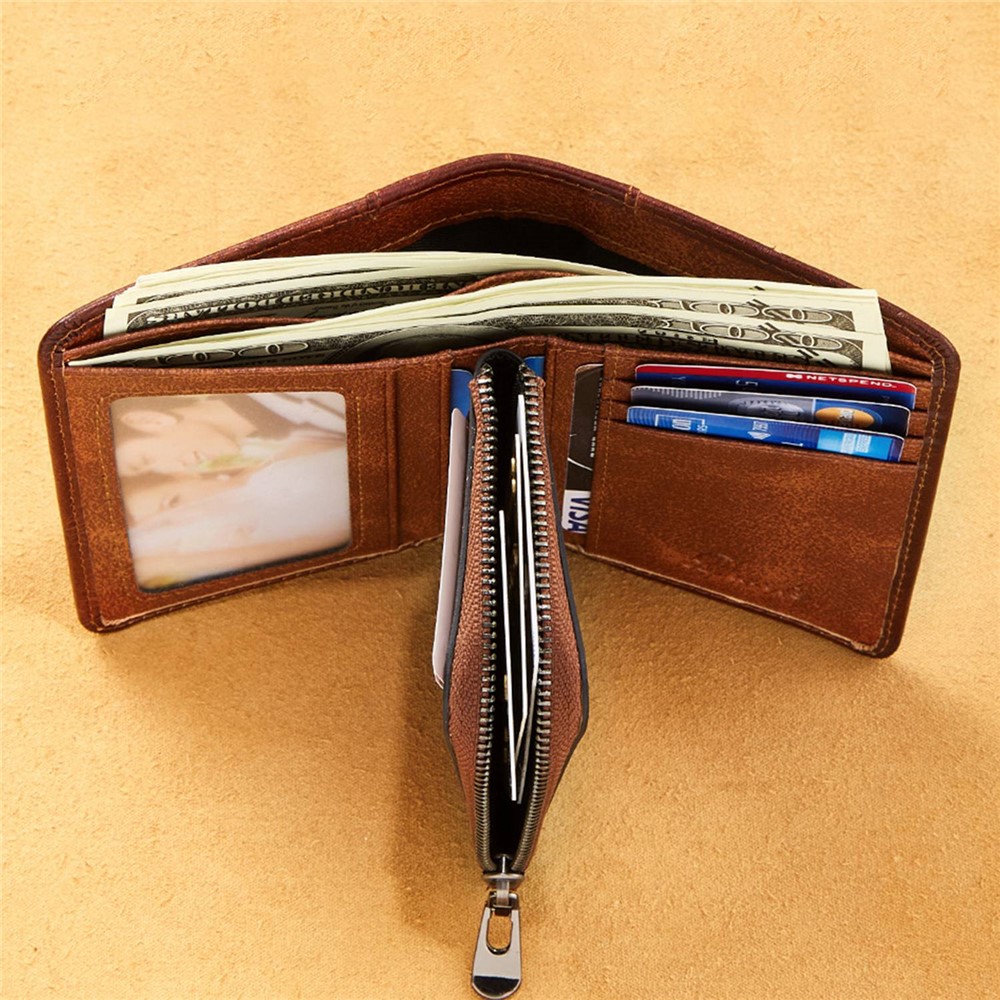 DANTE 05510 RFID Blocking Retro Top Layer Cowhide Men Short Wallet Coin Card Holder with Zipper Pocket - Black-4
