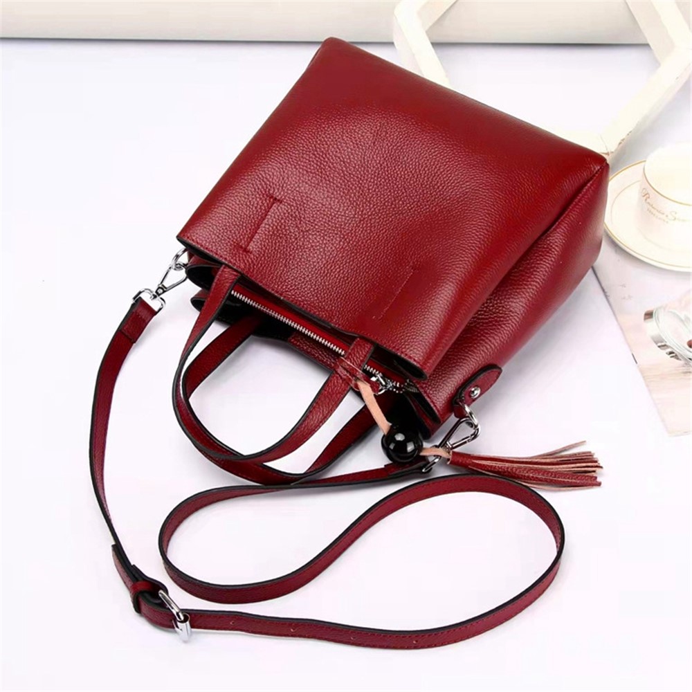 6060 Stylish Top Layer Cowhide Leather Women Single Shoulder Bag Large Capacity Crossbody Bag - Wine Red-2