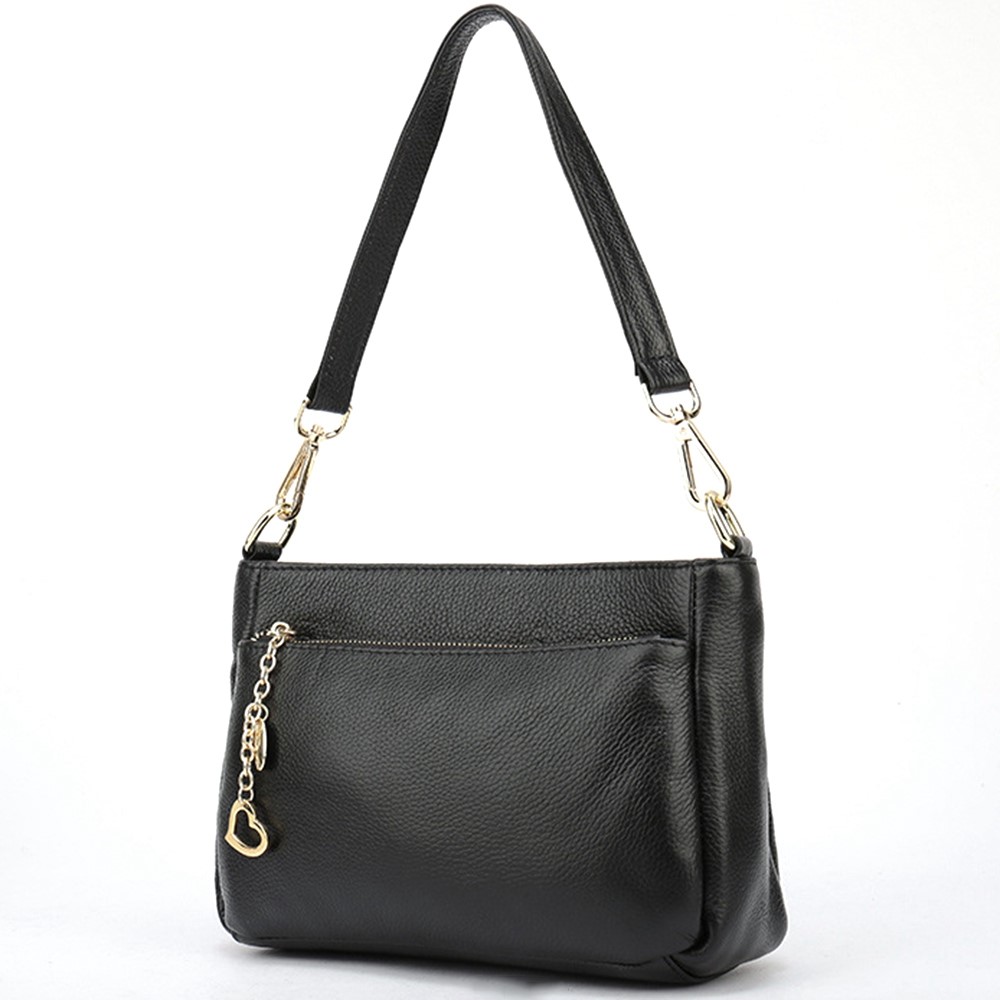 7129 Top Layer Cowhide Leather Zipper Single Shoulder Bag Women Purse Phone Cosmetic Carrying Crossbody Bag - Black-1