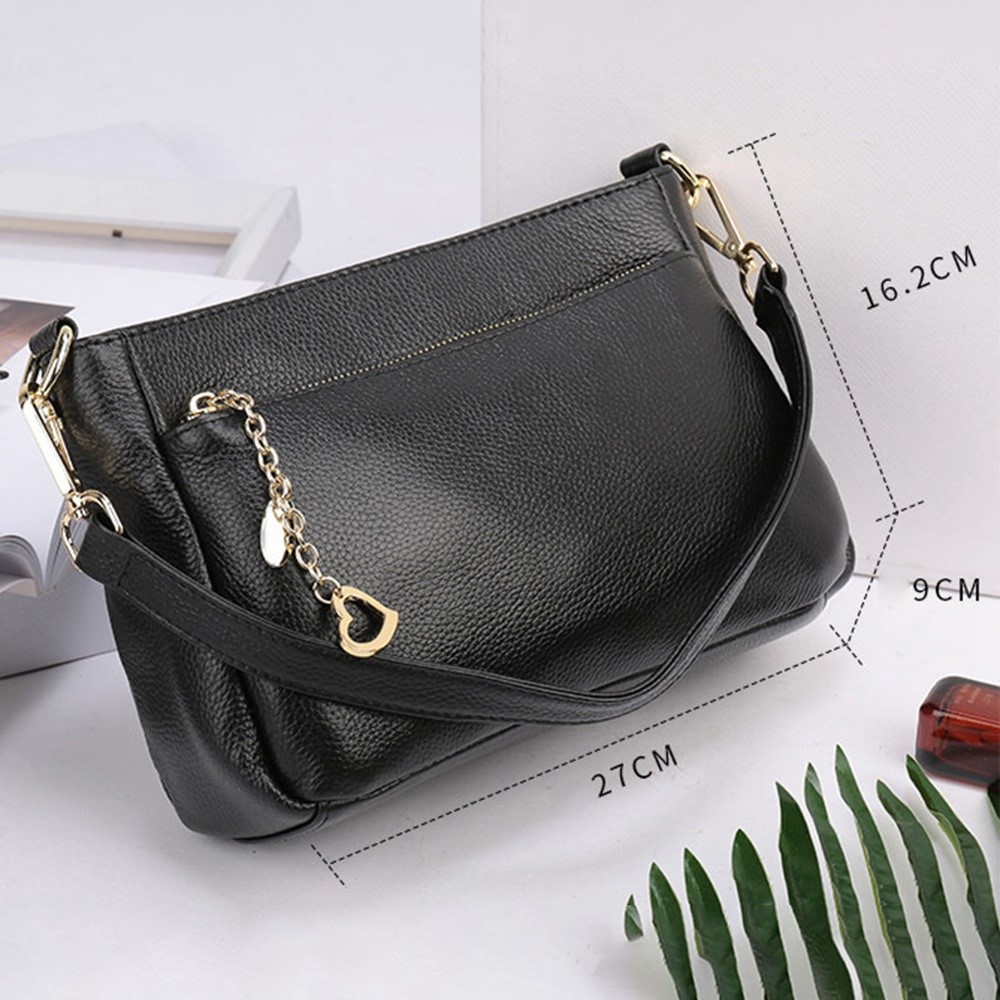 7129 Top Layer Cowhide Leather Zipper Single Shoulder Bag Women Purse Phone Cosmetic Carrying Crossbody Bag - Black-7