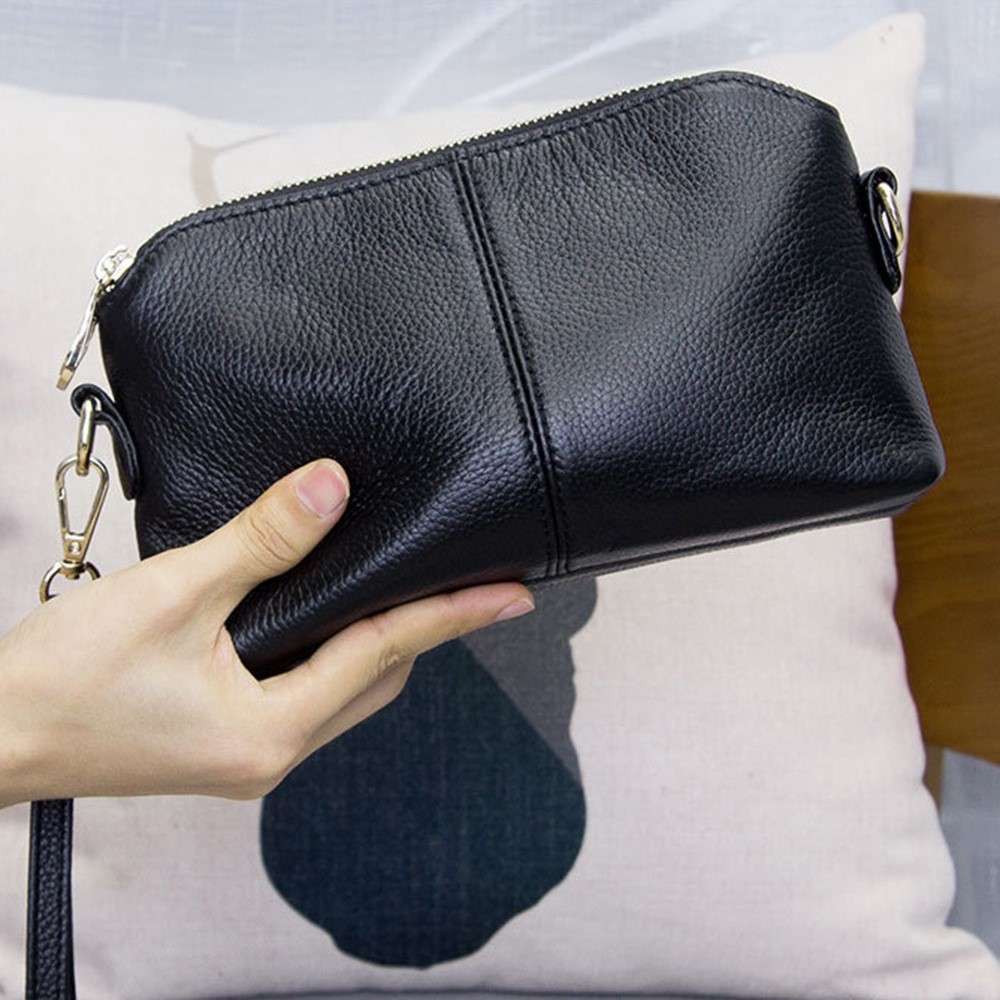 38177 Small Size Top Layer Cowhide Leather Zipper Clutch Bag Women Purse Phone Keys Storage Crossbody Bag - Black-2