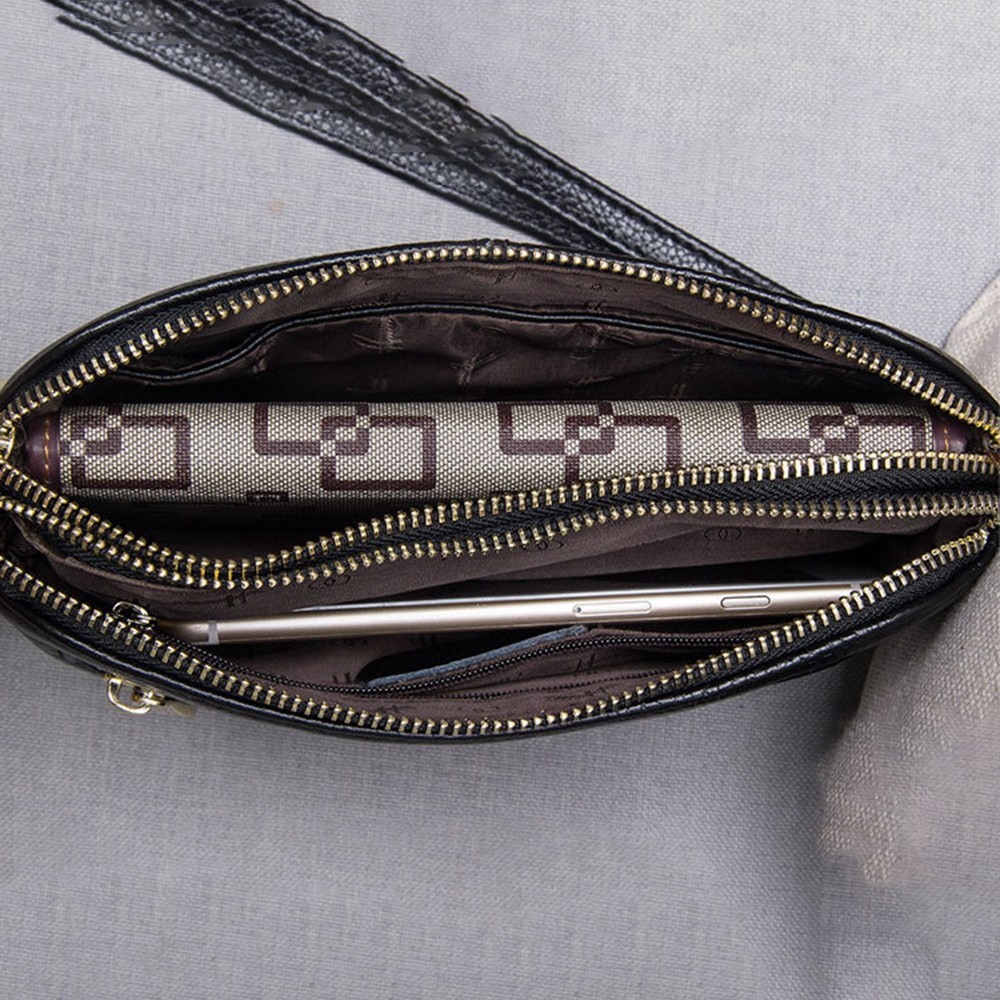 38177 Small Size Top Layer Cowhide Leather Zipper Clutch Bag Women Purse Phone Keys Storage Crossbody Bag - Black-7