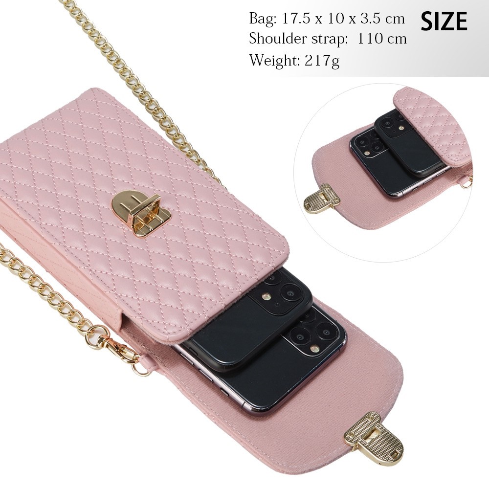 Rhombus Texture Crossbody Bag for Women, Multifunction Shoulder Bag Teen Girl Wallet Phone Bag - Pink-3