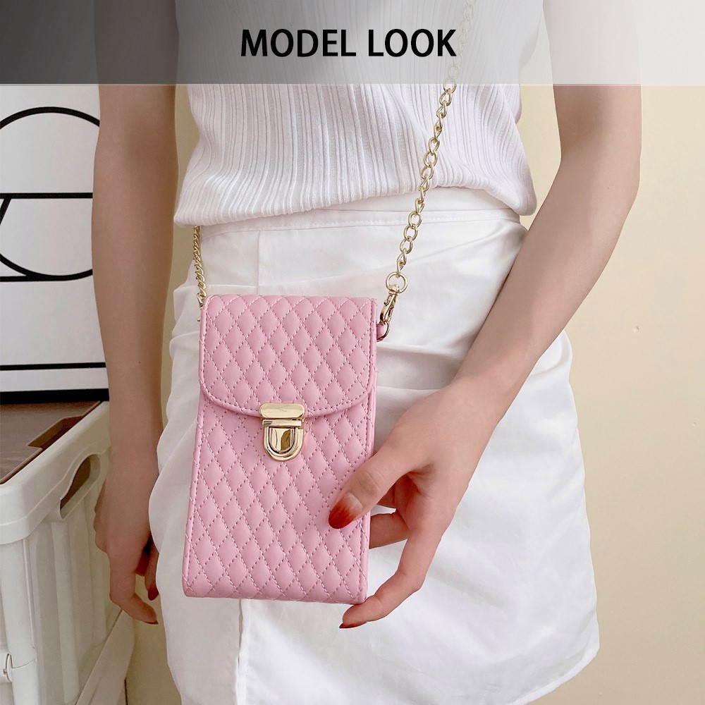 Rhombus Texture Crossbody Bag for Women, Multifunction Shoulder Bag Teen Girl Wallet Phone Bag - Pink-6