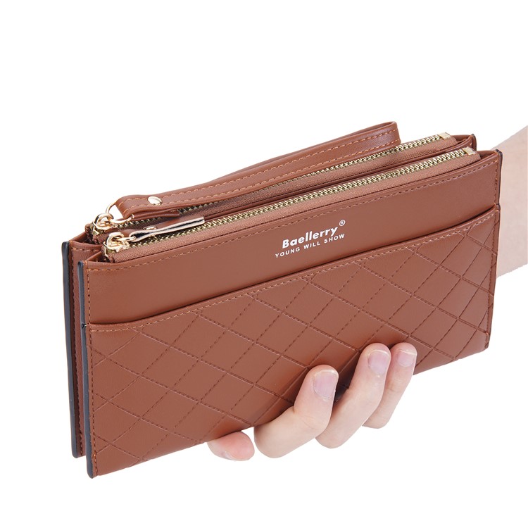 Baellerry N3238 Líneas de Costura Del Rombo Doble Cell Teléfono Celular Mujer Mujer pu Cuero Billetera Con Correa Para la Mano - Marrón-3
