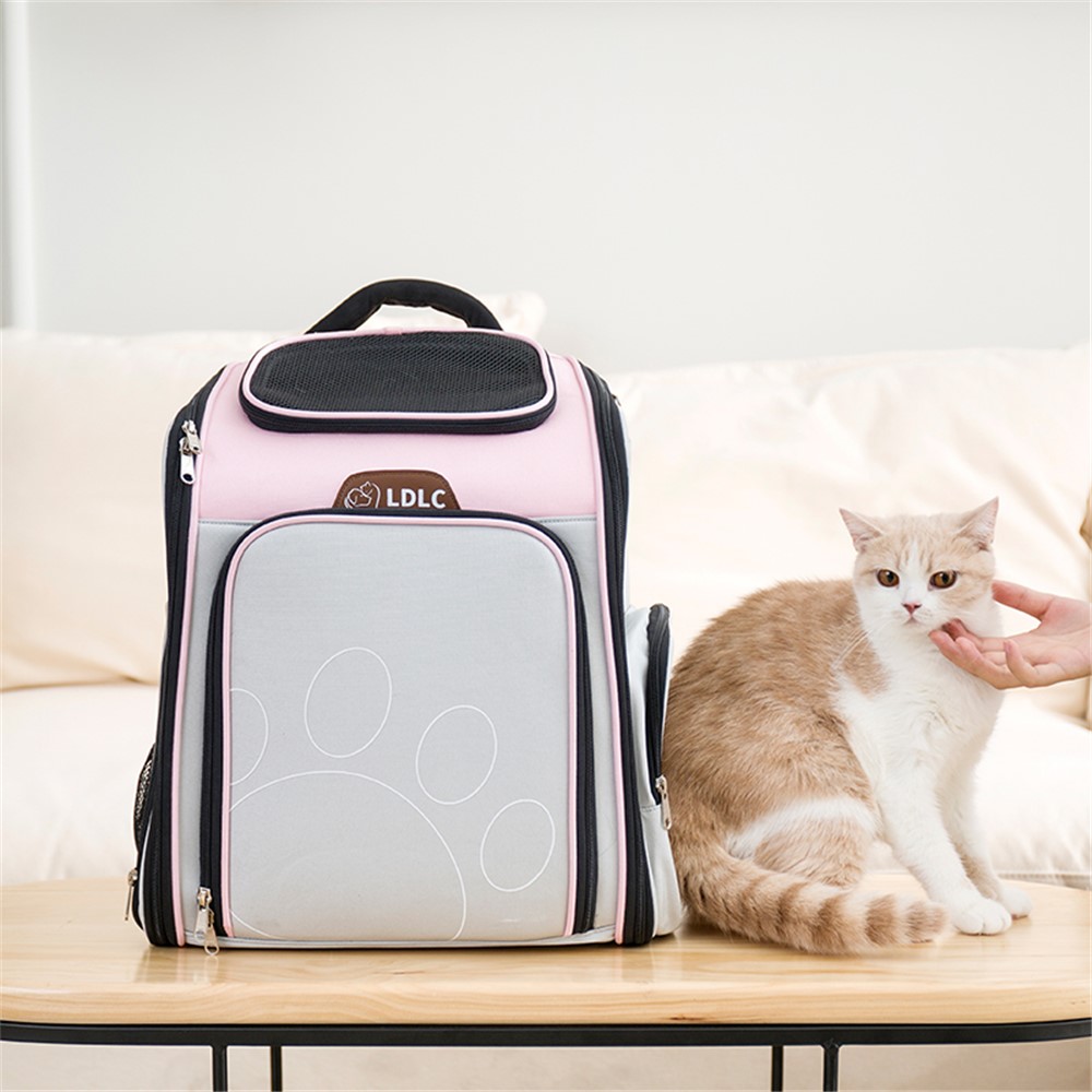 LDLC QS-063 Cat Scalable Backpack Breathable Outdoor Small Pet Carrier Bags Foldable Puppy Dog Travel Kitten Carrying Case - Pink / Grey-2