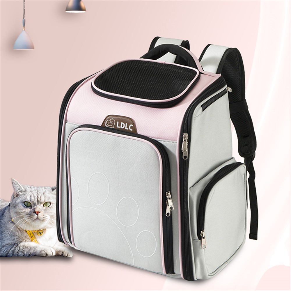 LDLC QS-063 Cat Scalable Backpack Breathable Outdoor Small Pet Carrier Bags Foldable Puppy Dog Travel Kitten Carrying Case - Pink / Grey-3