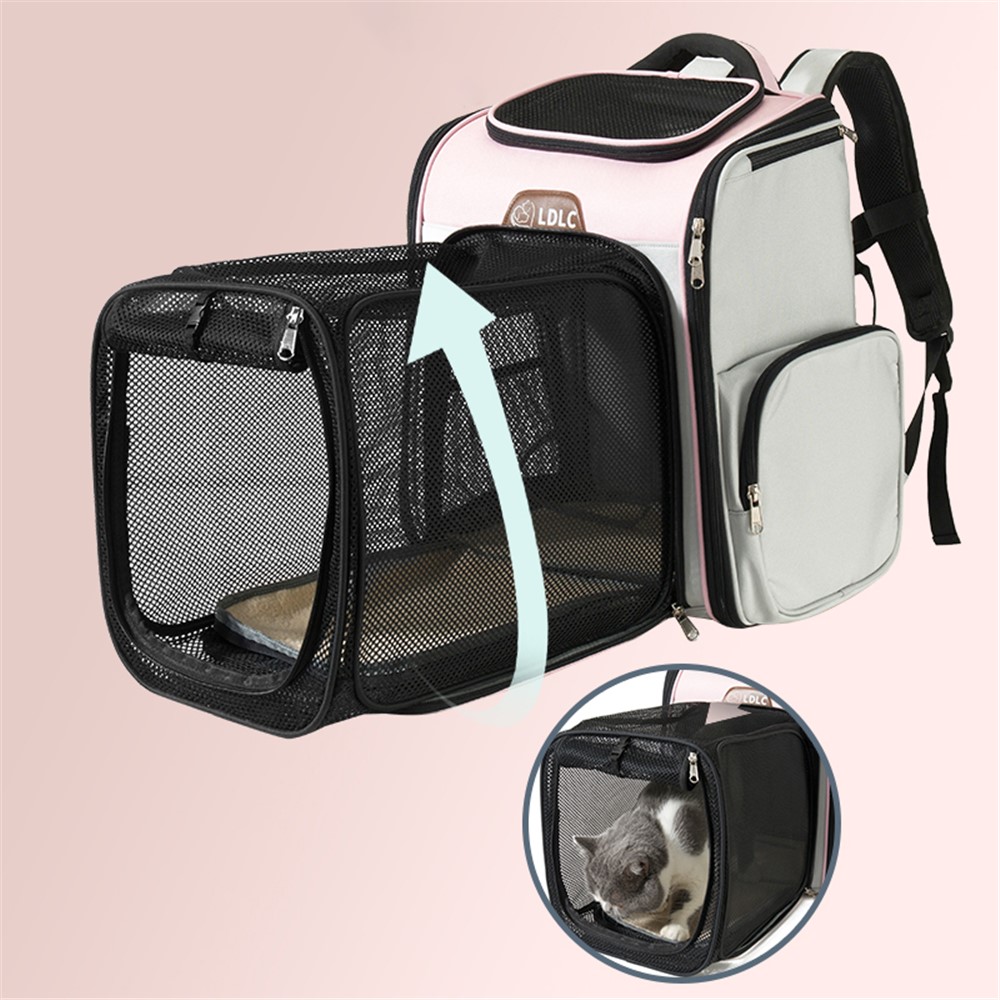 LDLC QS-063 Cat Scalable Backpack Breathable Outdoor Small Pet Carrier Bags Foldable Puppy Dog Travel Kitten Carrying Case - Pink / Grey-4