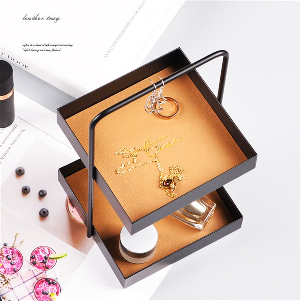 Nordic Style Light Luxury Double Leather Metal Tray Cosmetic Storage Box Perfume Container Stand (Size: S) - Square-10