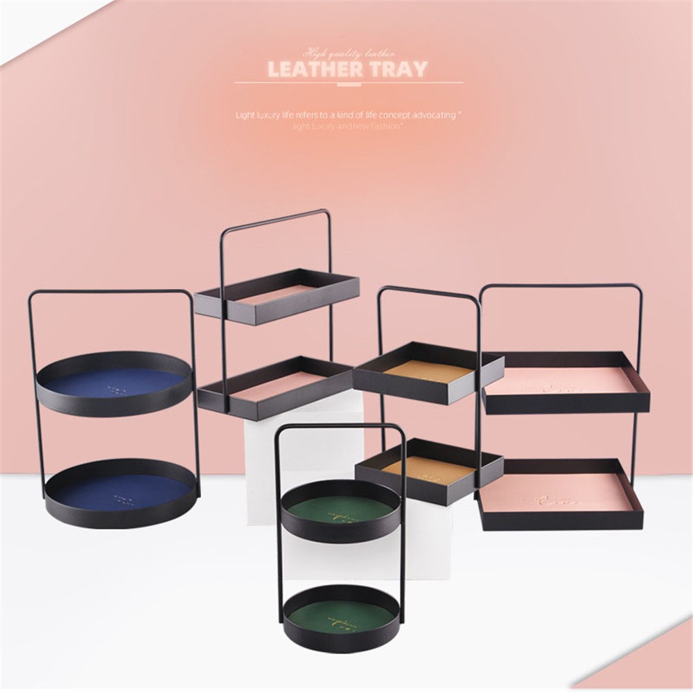 Nordic Style Light Luxury Double Leather Metal Tray Cosmetic Storage Box Perfume Container Stand (Size: S) - Square-13