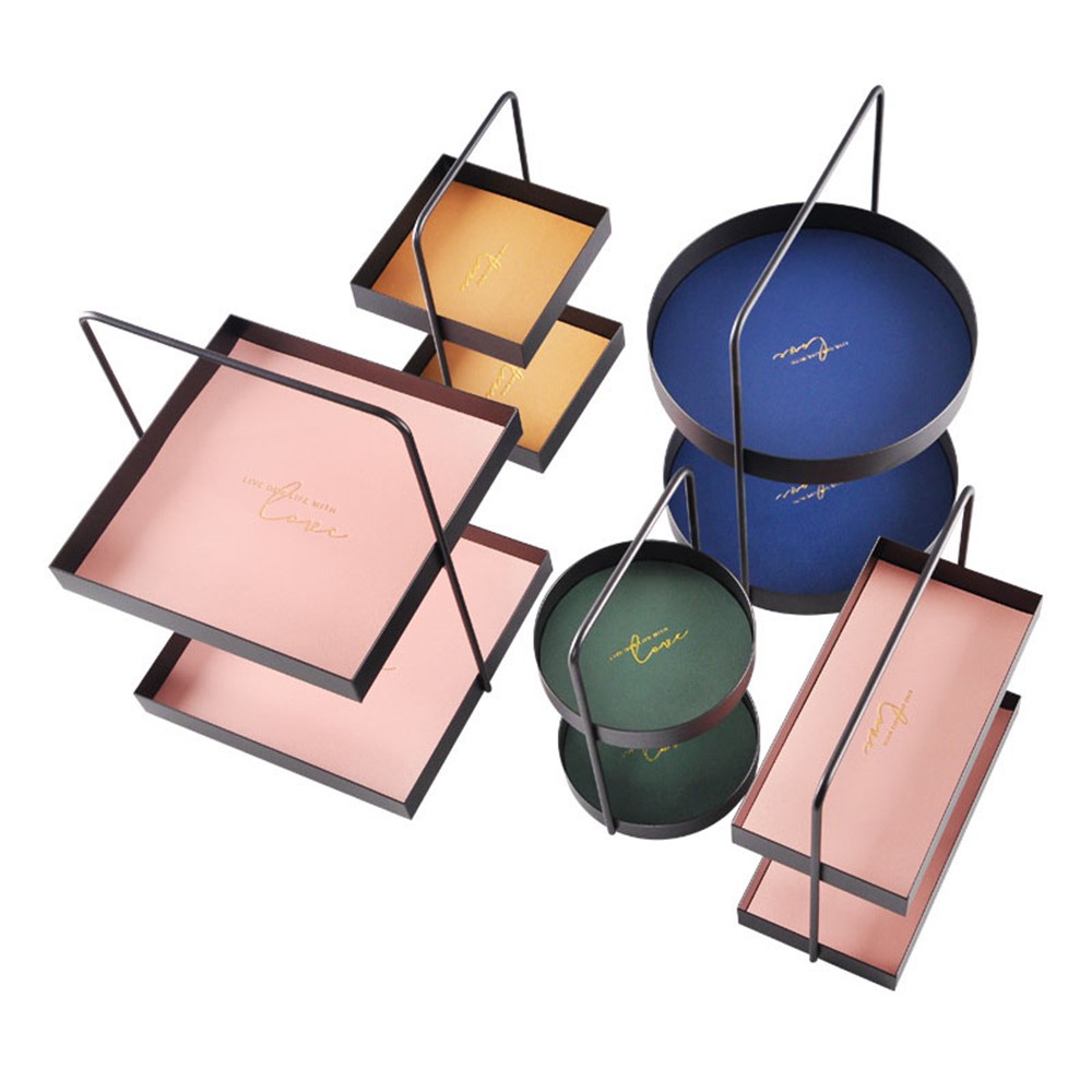 Nordic Style Light Luxury Double Leather Metal Tray Cosmetic Storage Box Perfume Container Stand (Size: S) - Square-14