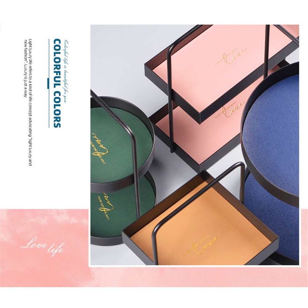 Nordic Style Light Luxury Double Leather Metal Tray Cosmetic Storage Box Perfume Container Stand (Size: S) - Square-4
