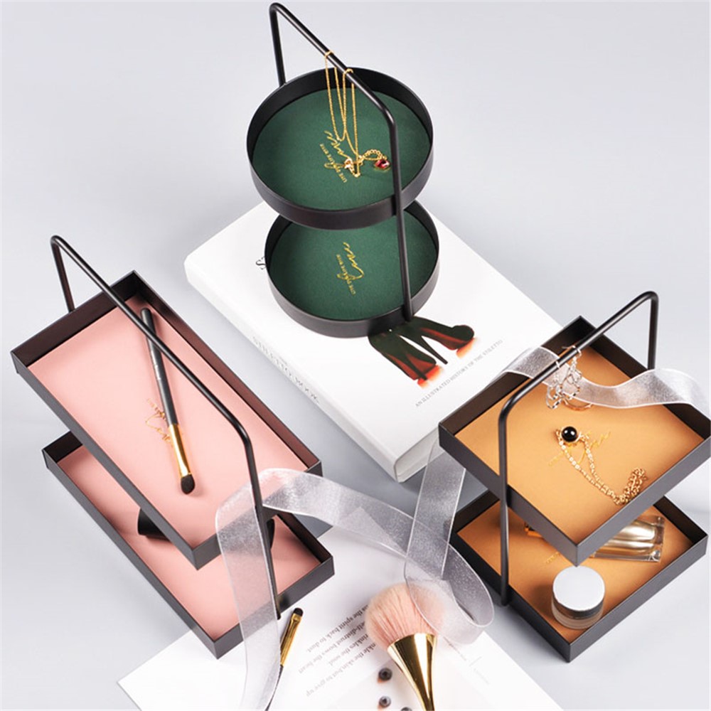Nordic Style Light Luxury Double Leather Metal Tray Cosmetic Storage Box Perfume Container Stand (Size: S) - Square-9