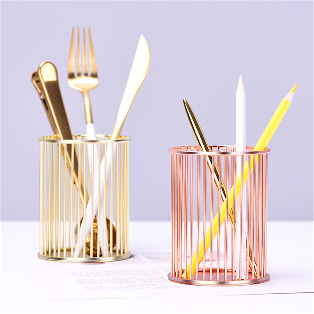 Multifunctional Iron Pen Holder Nordic Minimalist Office Desktop Hollow Storage Cage - Gold-10