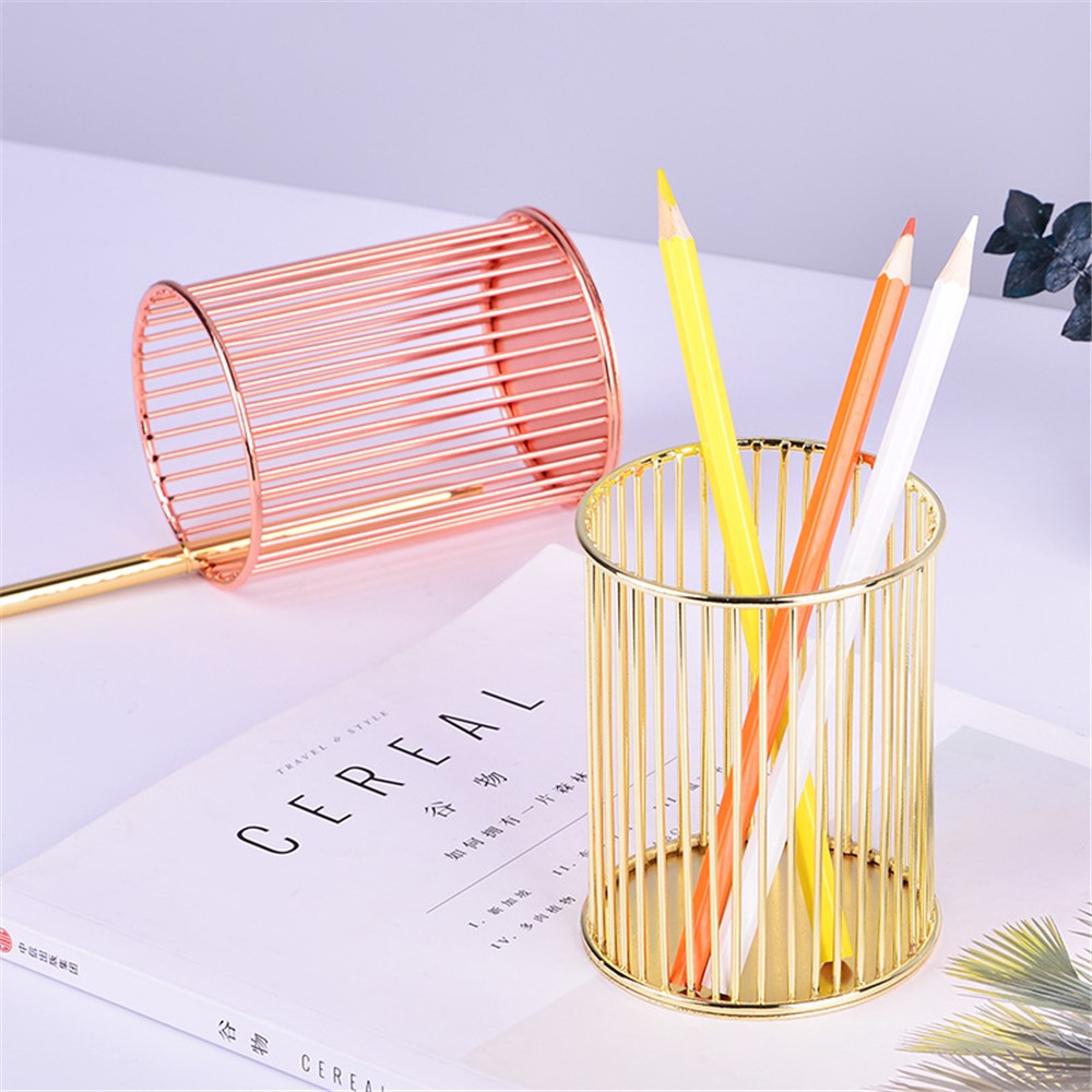 Multifunctional Iron Pen Holder Nordic Minimalist Office Desktop Hollow Storage Cage - Gold-11