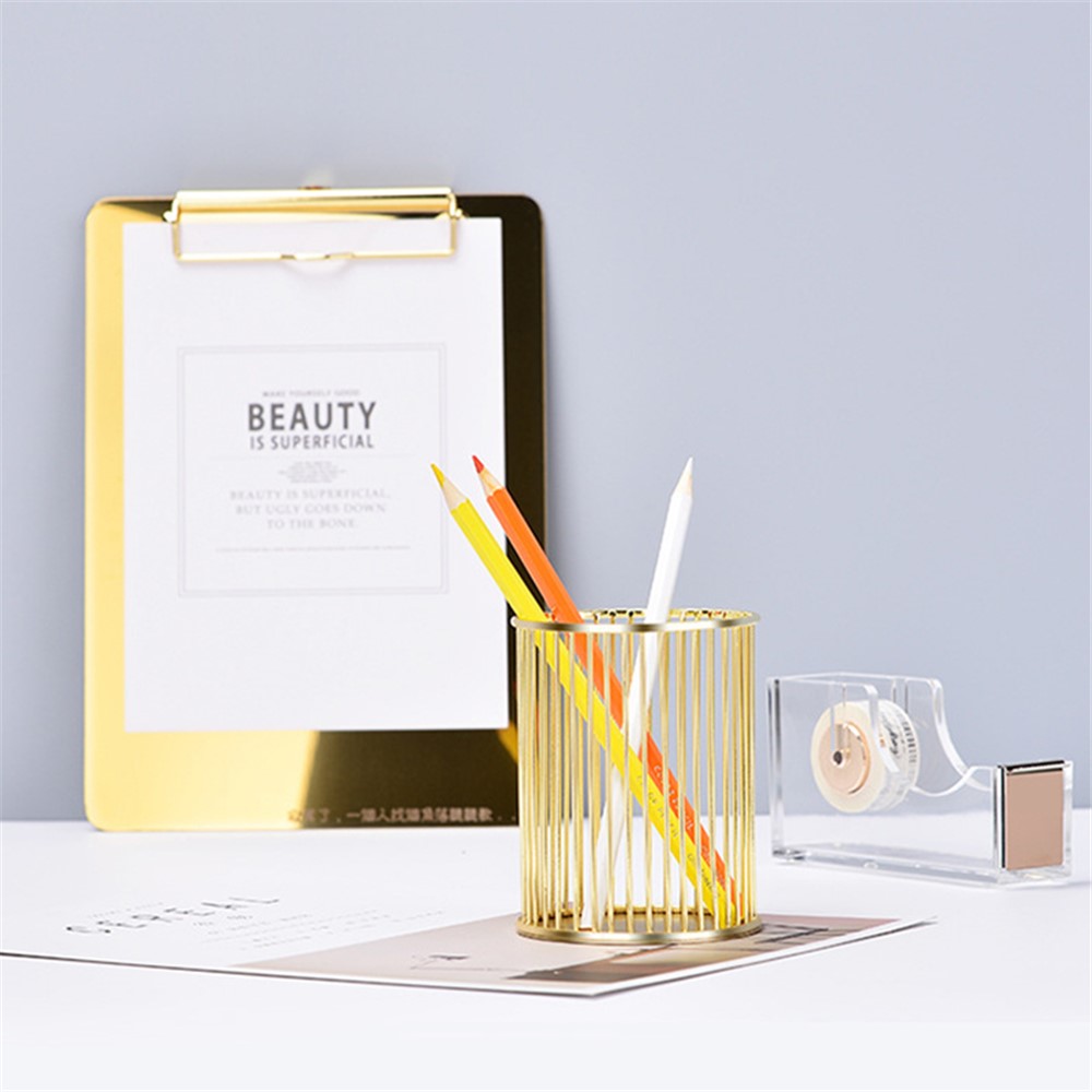 Multifunctional Iron Pen Holder Nordic Minimalist Office Desktop Hollow Storage Cage - Gold-5