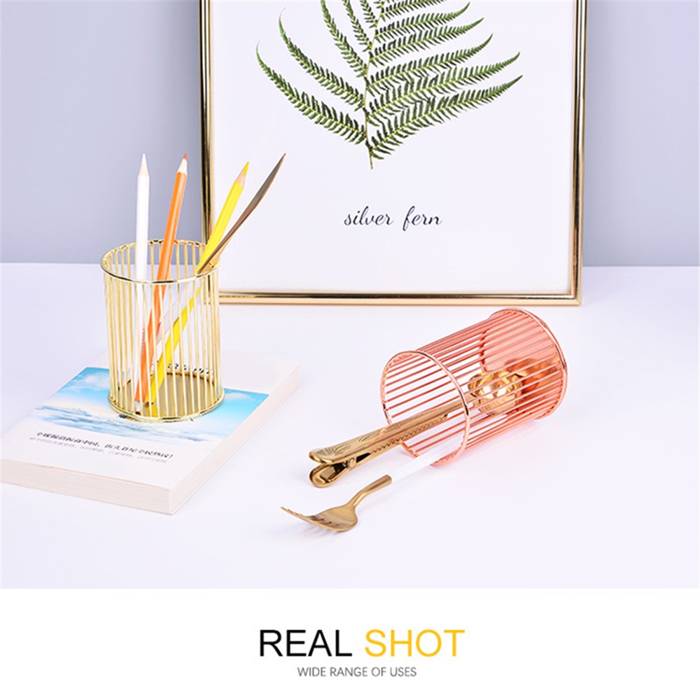 Multifunctional Iron Pen Holder Nordic Minimalist Office Desktop Hollow Storage Cage - Gold-6