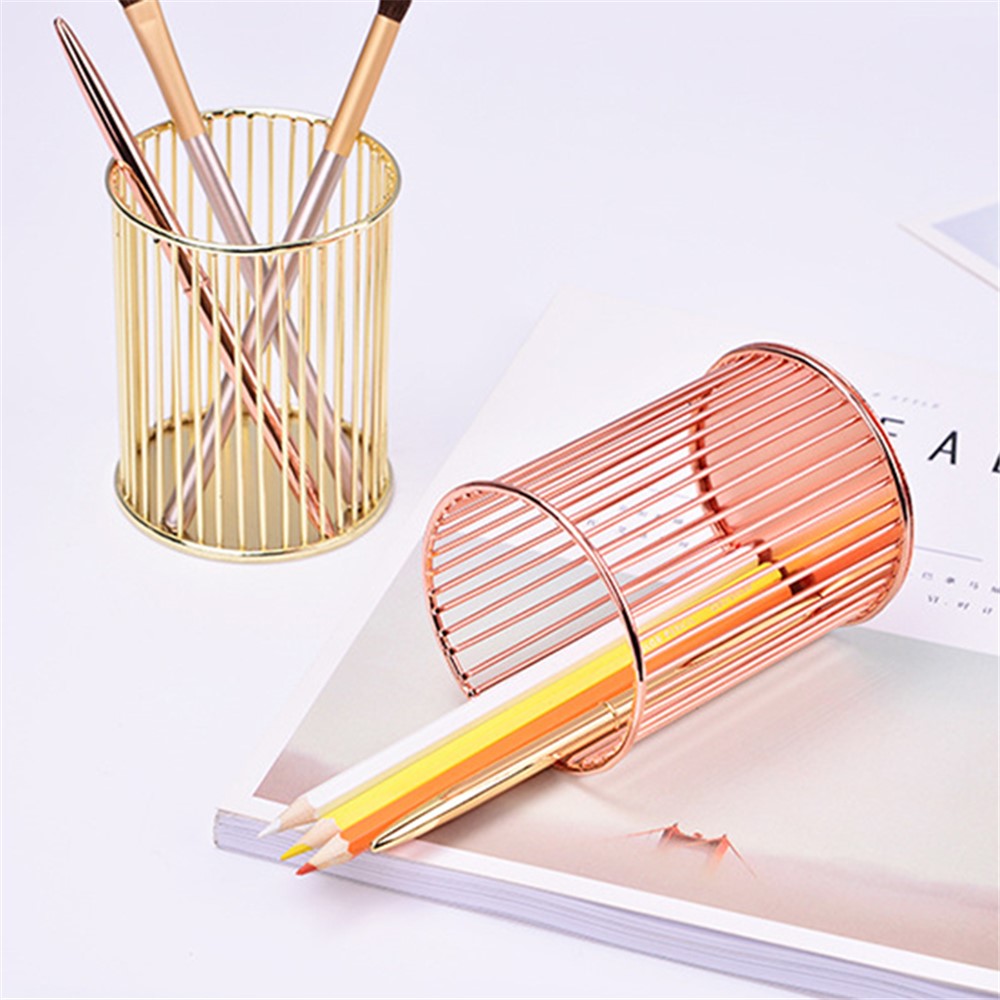 Multifunctional Iron Pen Holder Nordic Minimalist Office Desktop Hollow Storage Cage - Gold-7