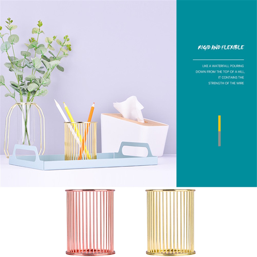 Multifunctional Iron Pen Holder Nordic Minimalist Office Desktop Hollow Storage Cage - Gold-8