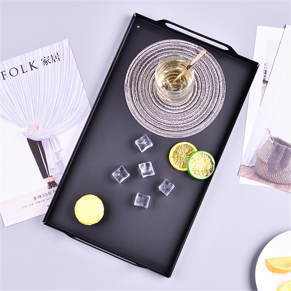 L Size Ins Style Rectangle Handles Design Sundries Organizer Iron Tray Home Desktop Fruit Plate Flower Pot Storage Tray - Black-5