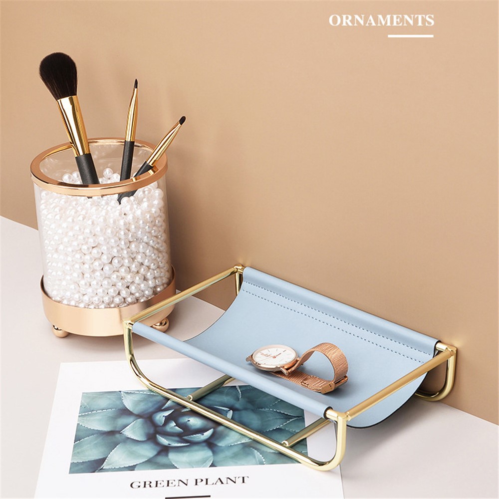 Iron Art Leather Sundries Organizer Tray Home Desktop Keys Watch Phone Storage Tray Decoration - Blue-5