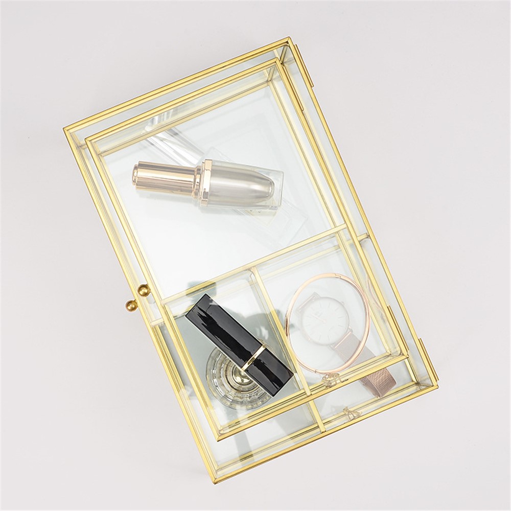 Golden Brass + Transparent Glass Desk Organizer Box with Lid Jewelry Cosmetic Makeup Display Nordic Storage Case, Size L-2