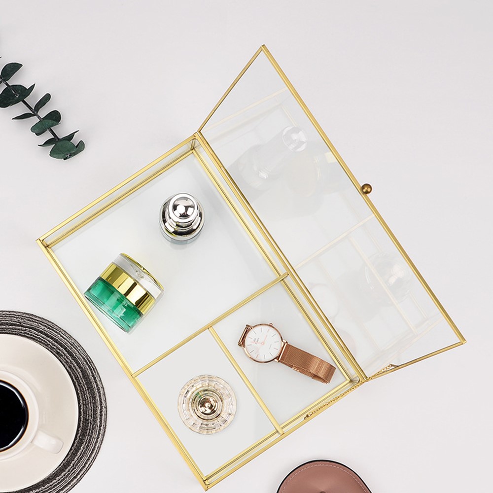 Golden Brass + Transparent Glass Desk Organizer Box with Lid Jewelry Cosmetic Makeup Display Nordic Storage Case, Size L-3