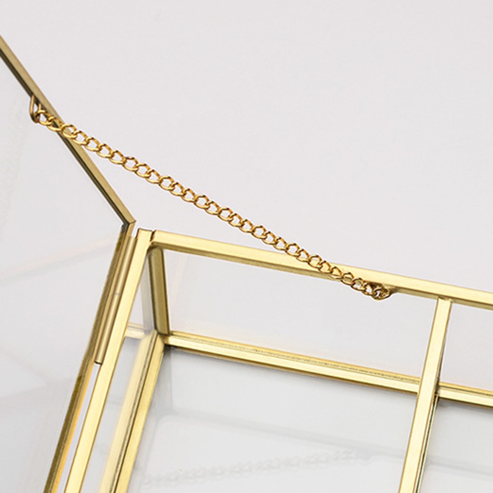Golden Brass + Transparent Glass Desk Organizer Box with Lid Jewelry Cosmetic Makeup Display Nordic Storage Case, Size L-5