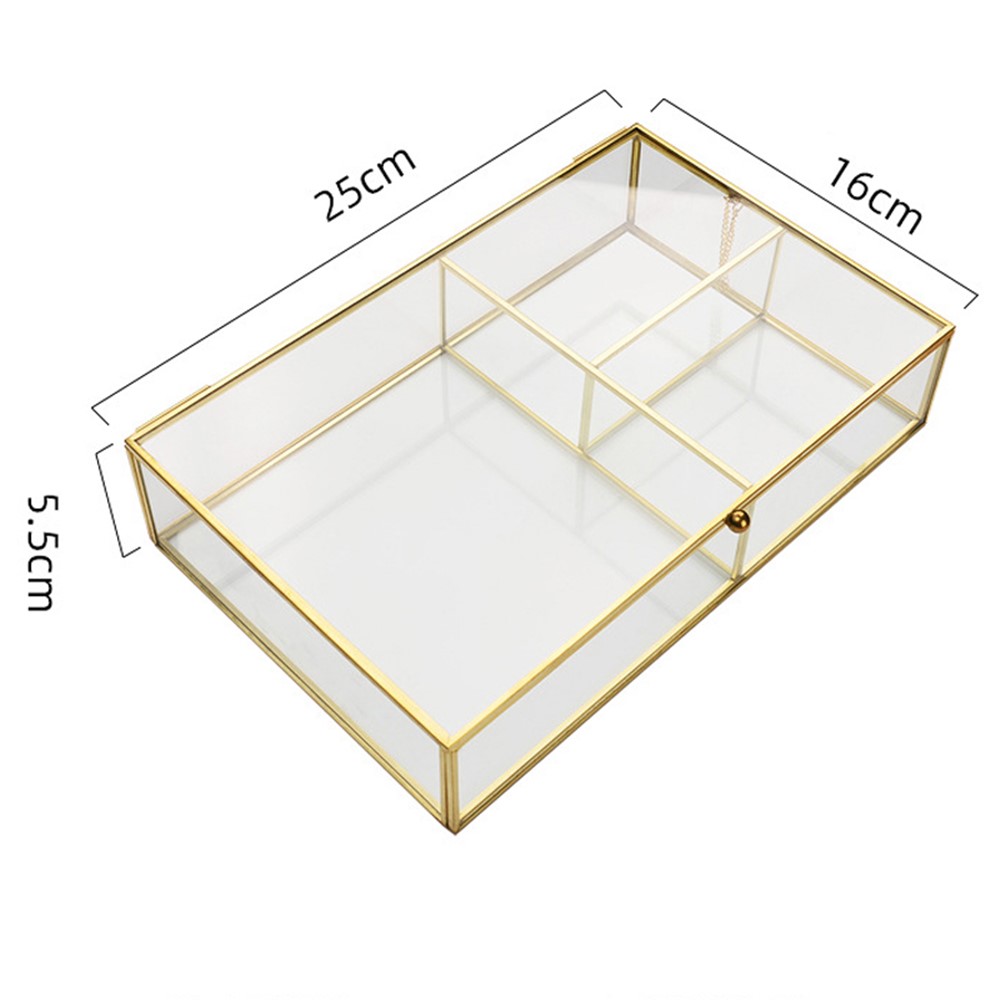 Golden Brass + Transparent Glass Desk Organizer Box with Lid Jewelry Cosmetic Makeup Display Nordic Storage Case, Size L-6