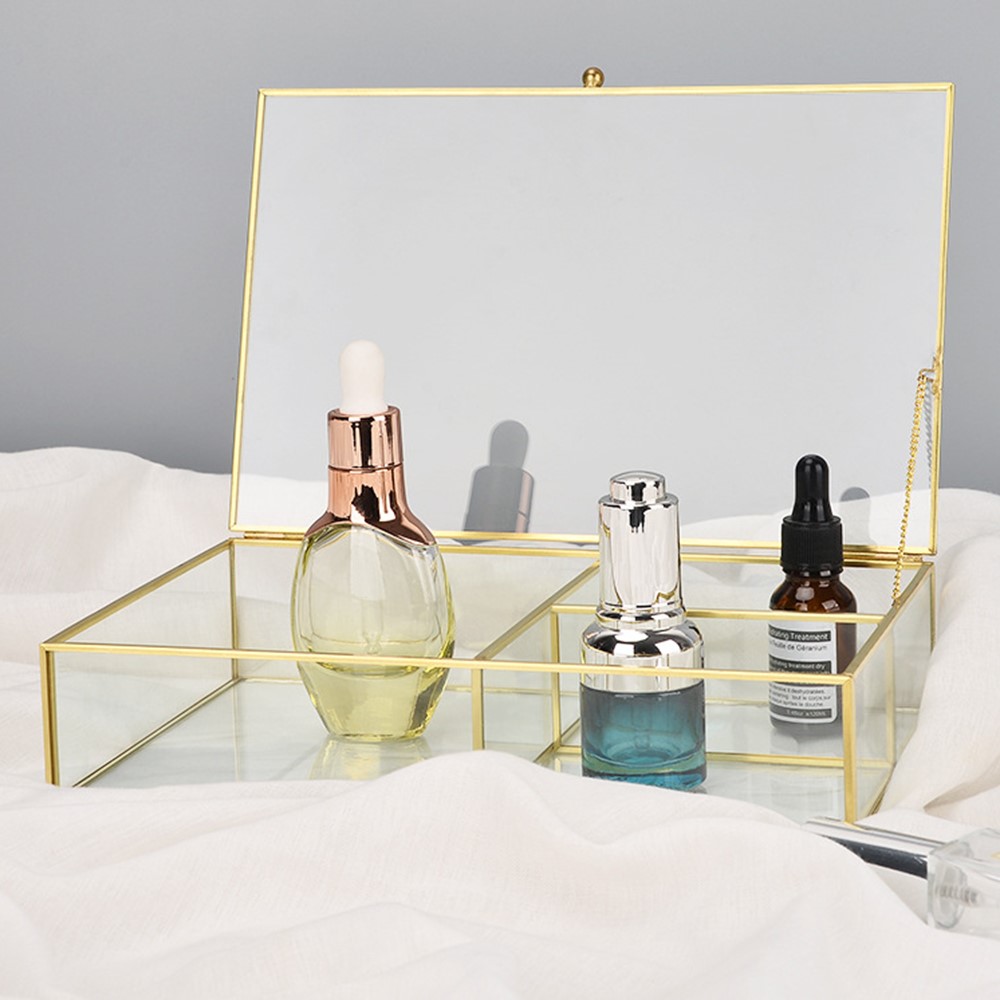 Golden Brass + Transparent Glass Desk Organizer Box with Lid Jewelry Cosmetic Makeup Display Nordic Storage Case, Size L-7