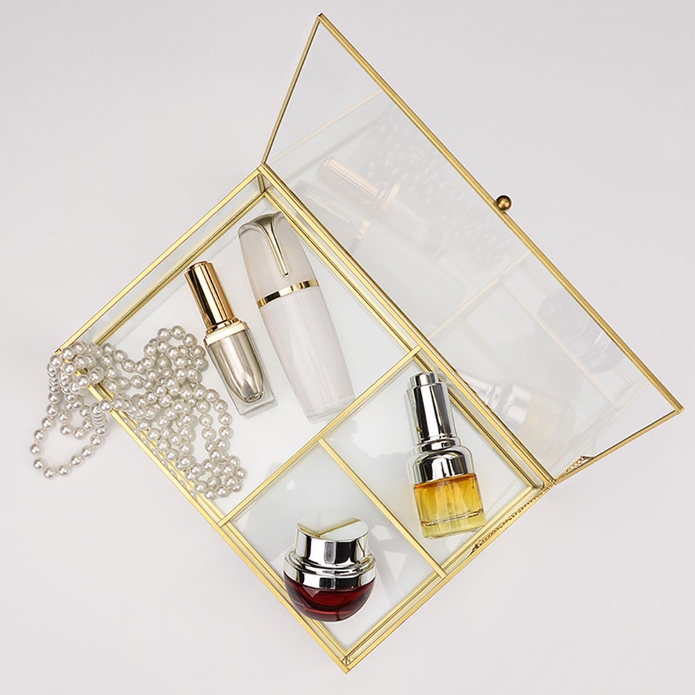 Golden Brass + Transparent Glass Desk Organizer Box with Lid Jewelry Cosmetic Makeup Display Nordic Storage Case, Size L-8