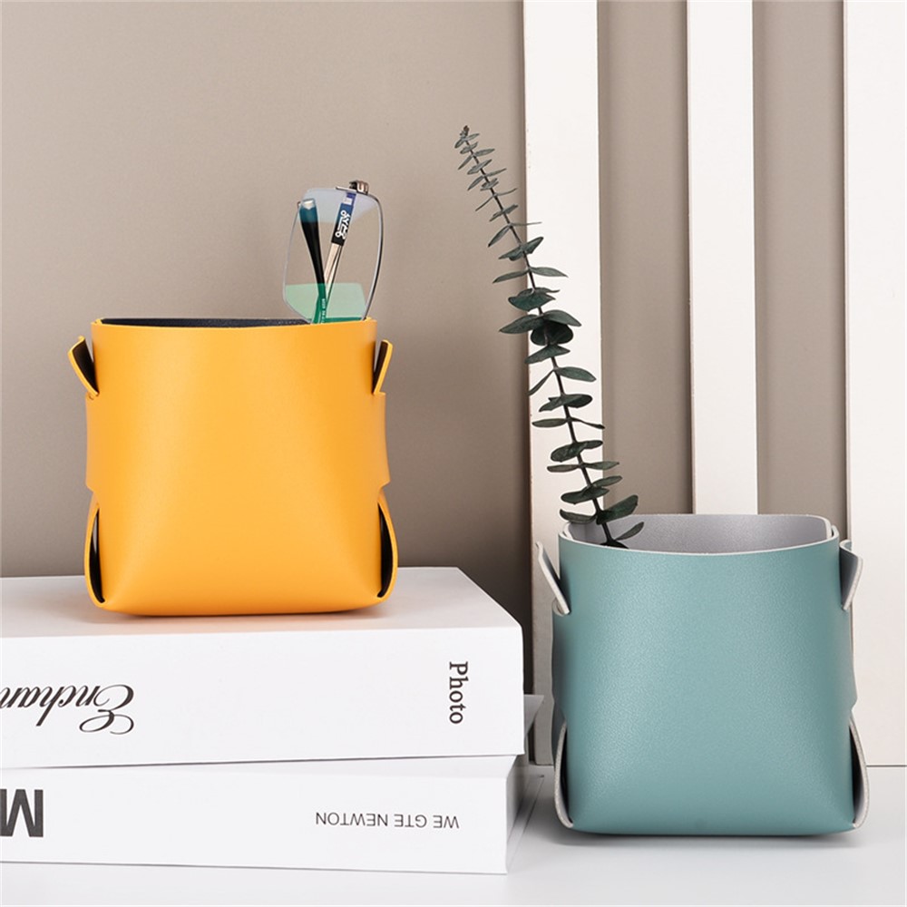 Nordic Storage Basket PU Leather Organizer Box for Desktop Cosmetic Remote Control Sundries - Black/Yellow-3