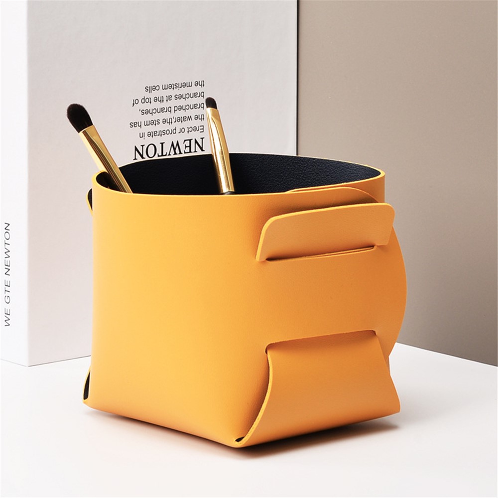 Nordic Storage Basket PU Leather Organizer Box for Desktop Cosmetic Remote Control Sundries - Black/Yellow-4
