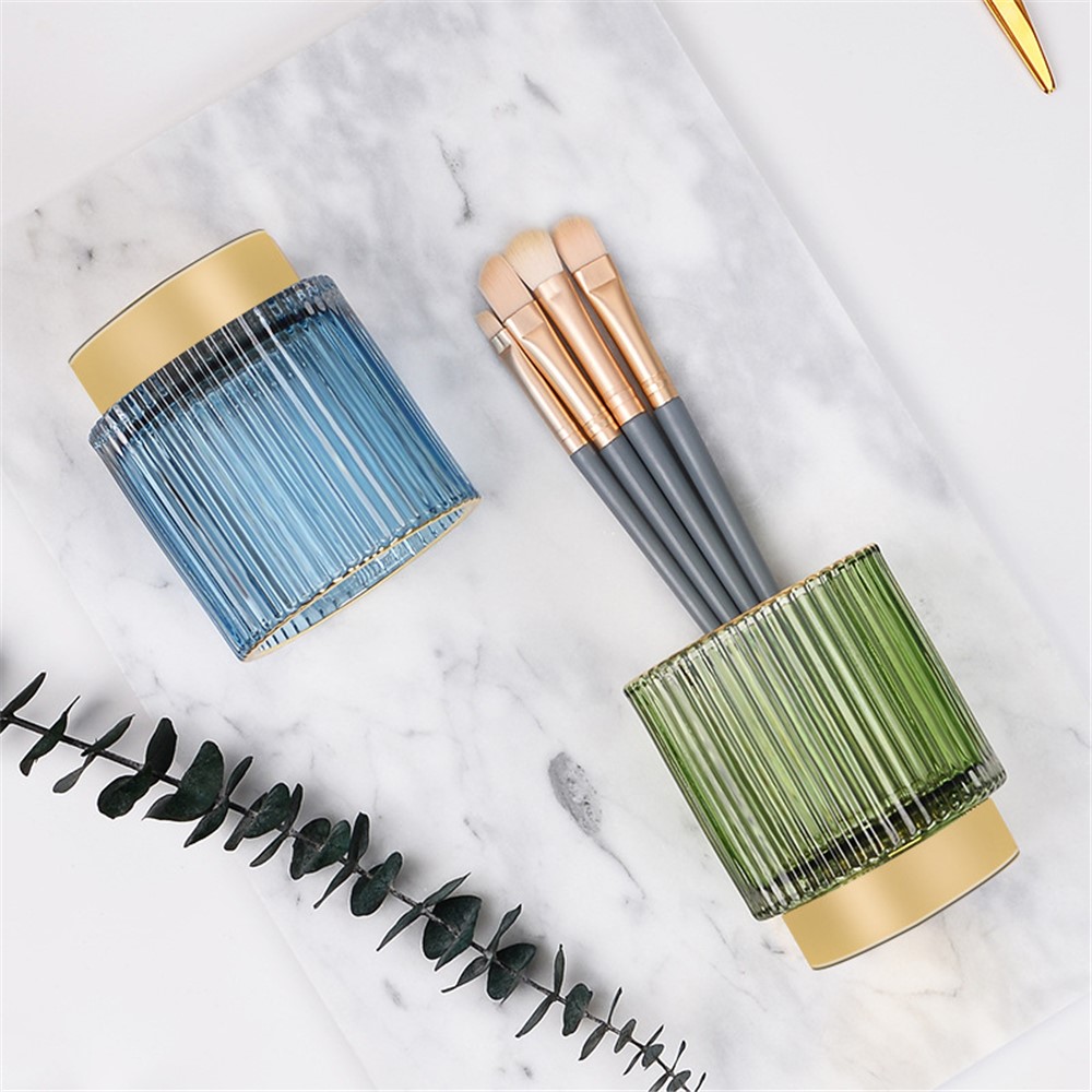 Multi-function Glass Storage Bucket with Golden Base Pen Holder Decoration Storage Tank Cup Makeup Brush Bucket Desktop Organizer, Size S - Blackish Green-3