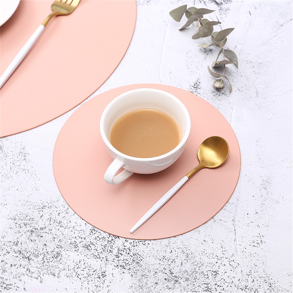 36cm Round Oil Proof Insulated Leather Placemat Tableware Table Pad Kitchen Solid Color Coaster - Pink-5