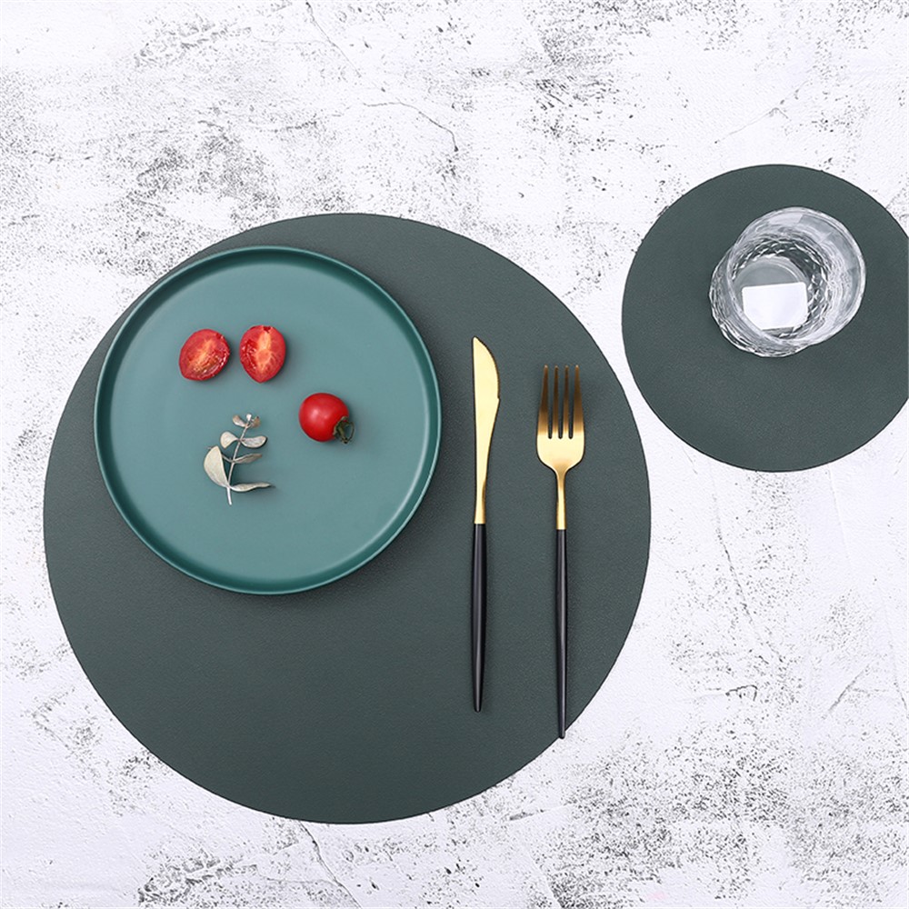 36cm Round Oil Proof Insulated Leather Placemat Tableware Table Pad Kitchen Solid Color Coaster - Pink-6