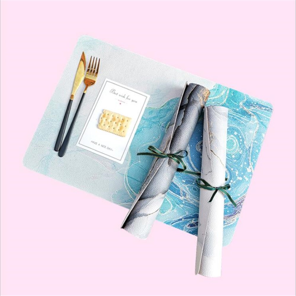 Nordic Ins Style Leather Dining Placemat Waterproof Oil-Proof Household Cup Coaster Table Pad - Cyan/Grey 1#-11