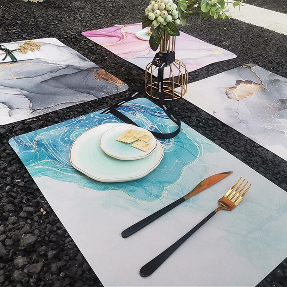 Nordic Ins Style Leather Dining Placemat Waterproof Oil-Proof Household Cup Coaster Table Pad - Cyan/Grey 1#-7