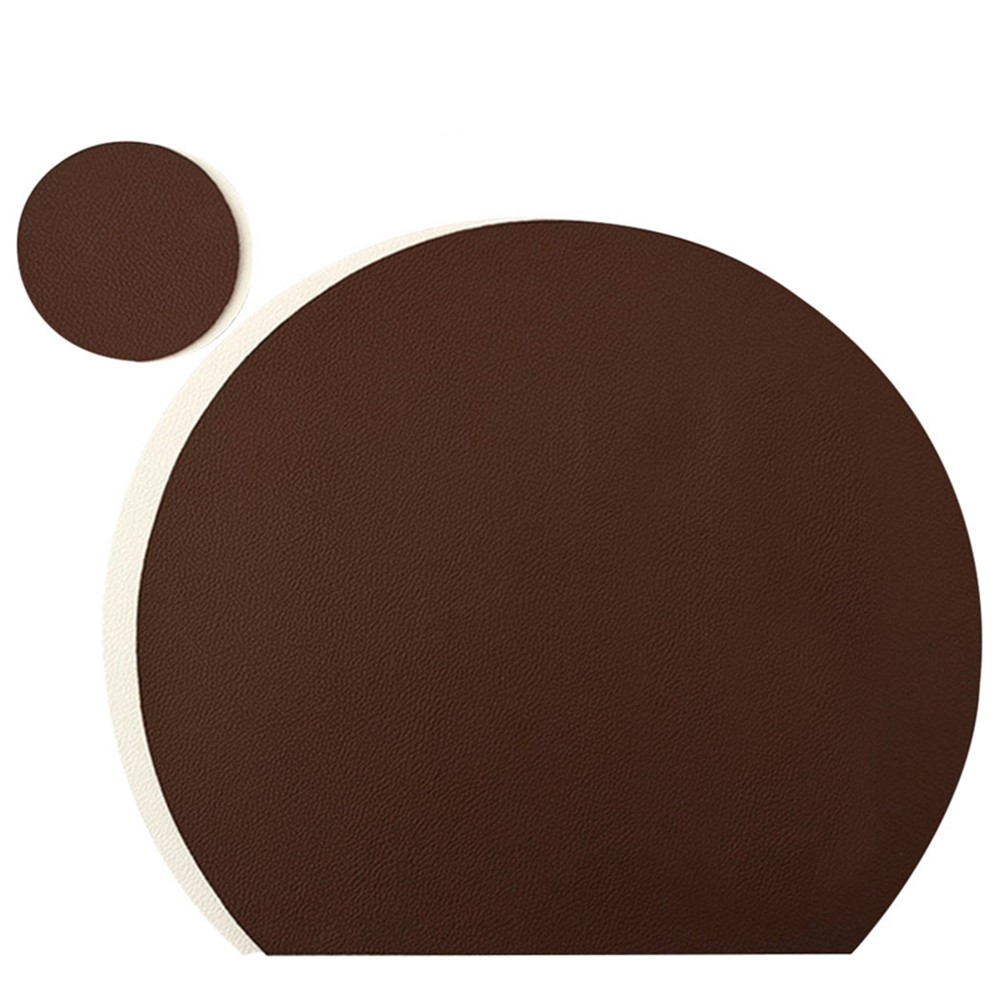 Semi Circle Tablemat Leather Placemat Non-Slip Heat Insulation Dining Table Pad Round Cup Coaster - Coffee/White-1