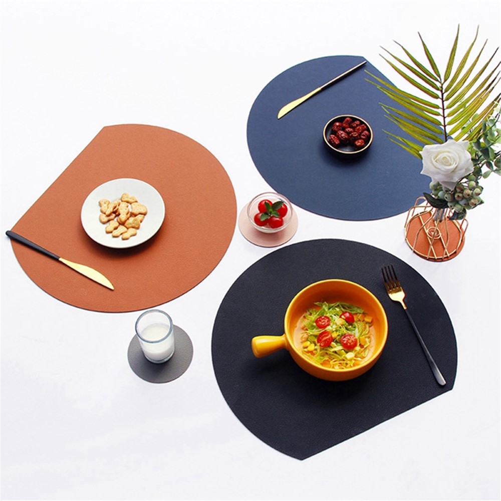 Semi Circle Tablemat Кожаный Плацмат Нескользящая Теплоизоляционная Столовая Столовая Площадка Круглые Чашки - Кофе / Белый