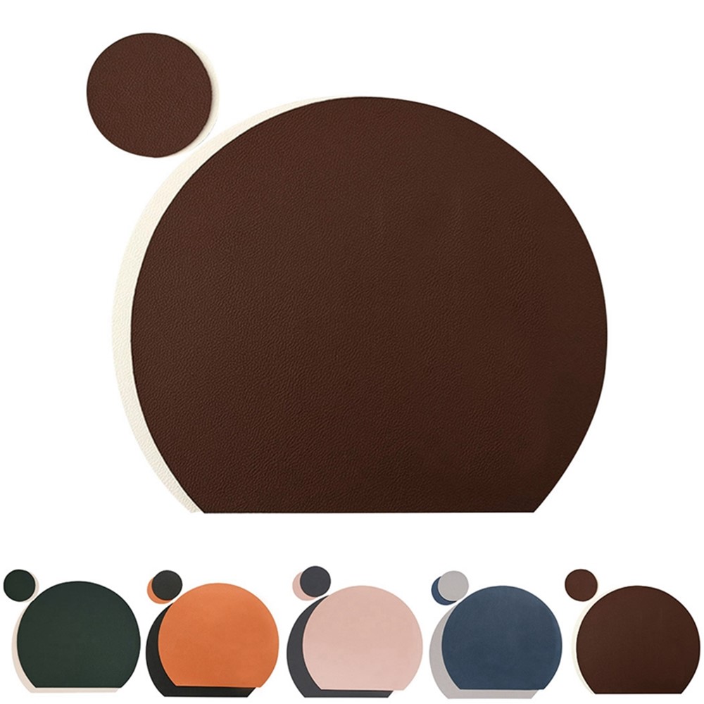 Semi Circle Tablemat Leather Placemat Non-Slip Heat Insulation Dining Table Pad Round Cup Coaster - Coffee/White-5