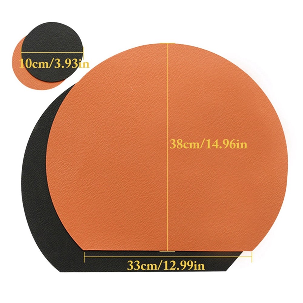 Semi Circle Tablemat Leather Placemat Non-Slip Heat Insulation Dining Table Pad Round Cup Coaster - Coffee/White-6