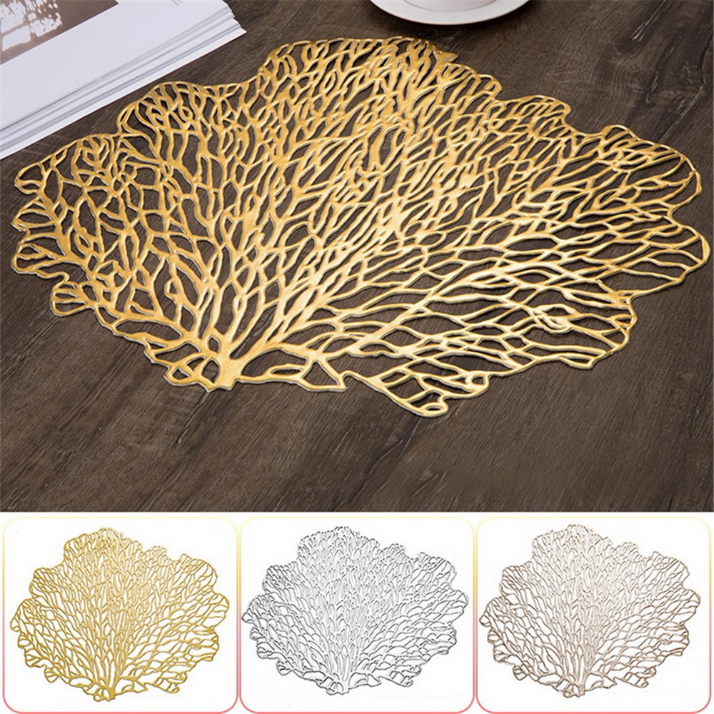 PVC Tree-shaped Hollow Placemat Kitchen Dining Table Mat Heat Resistant Anti-scalding Pad Coaster - Champagne Gold-2